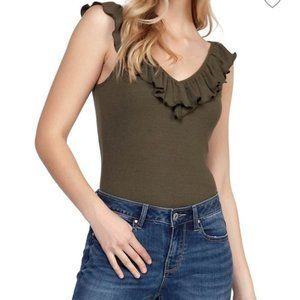 Dex ruffled v neck ribbed bodysuit in khaki green